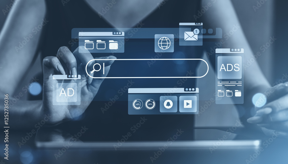 Poster digital interface with search bar and ads icons on a transparent screen in a futuristic design.