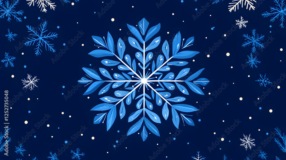 Poster a beautiful blue snowflake design surrounded by smaller snowflakes on a dark background