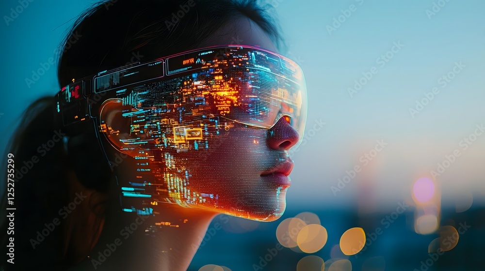 Poster futuristic digital visualization with glowing data layers and graphics in a virtual reality head mou