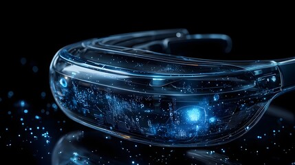 Close up view of a sleek futuristic virtual reality headset with dynamic holographic elements and luminous ethereal visuals for an advanced immersive digital experience of the future