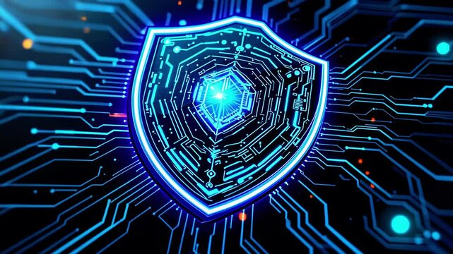 Digital shield representing cybersecurity, surrounded by glowing circuits and data streams in a tech setting