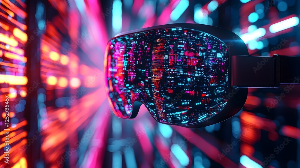 Poster close up view of a virtual reality headset surrounded by vibrant 3d holograms and neon digital strea