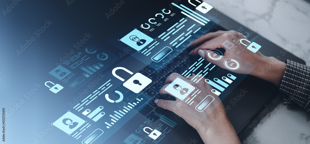 Poster cybersecurity concept with hands typing on a keyboard and holographic digital locks and data icons.
