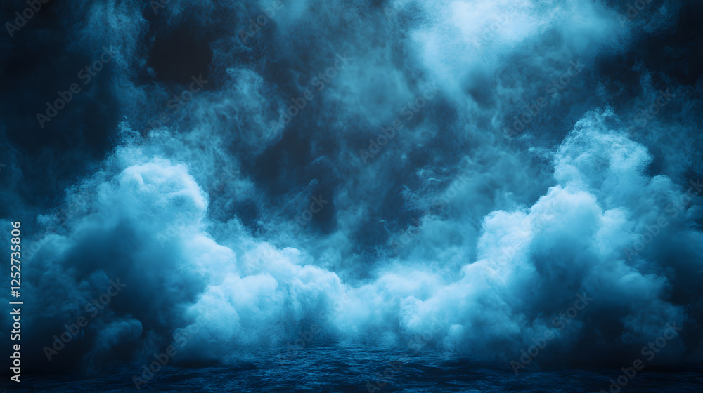 Poster a serene, misty scene of dark blue clouds billowing gently, creating a tranquil atmosphere over an u