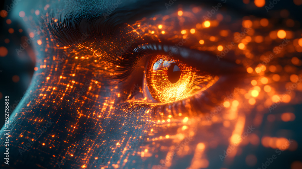 Poster a human eye glows with intricate patterns of light, suggesting a blend of technology and emotion in 
