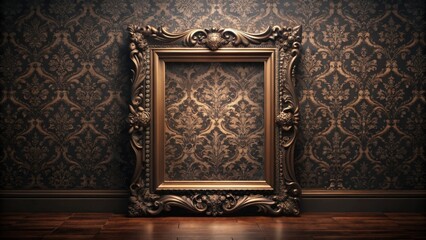 Ornate gilded frame against a dark damask wallpaper background, ready for your artwork or design
