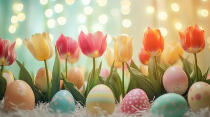 Vibrant spring scene with tulips and eggs