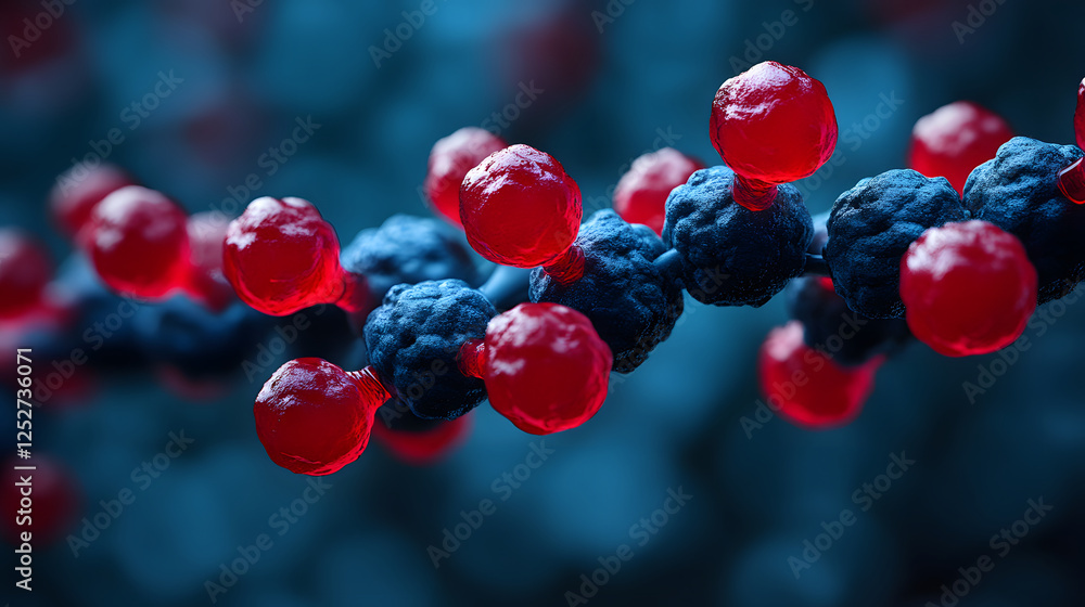 Poster A close-up view of colorful molecular structures featuring red and black spherical components, set against a dark, blurred background