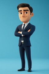 A confident animated male character in business attire, rendered in a modern cartoon style with a standup pose.