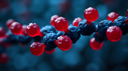 A close-up view of colorful molecular structures featuring red and black spherical components, set against a dark, blurred background