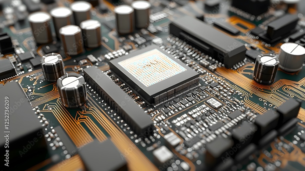 Poster futuristic and innovative engineering design showcasing intricate circuit boards neural networks and