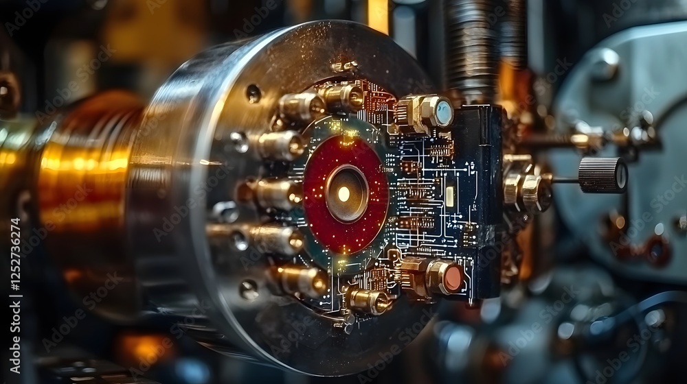 Poster futuristic engineering laboratory showcasing a blend of advanced circuitry and intricate mechanical 