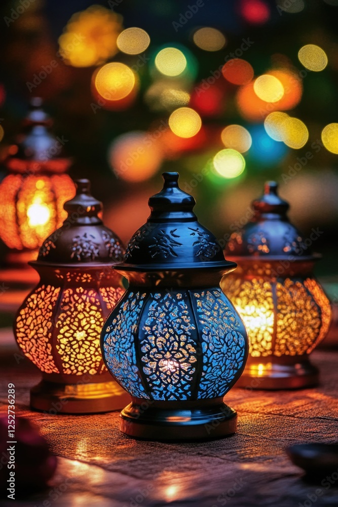 Poster Bunch of decorative lanterns illuminated by candles, each with a different pattern and color.