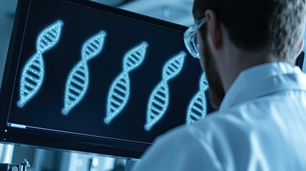 A scientist examines DNA sequences on a computer screen in a laboratory setting, reflecting...