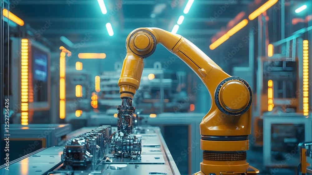 Poster ai powered robotic arm assembling intricate machinery in glowing high tech environment futuristic au
