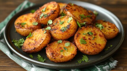 Fototapeta premium Delicious golden brown potato wedges cooked to perfection, garnished with fresh herbs and ready to be savored as a tasty side dish or appetizer.
