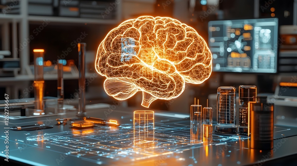 Poster futuristic engineering visualization featuring a glowing holographic brain diagram symbolizing the p