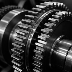 Fototapeta premium A close-up photo of shiny metal industrial gears in a factory, showcasing their intricate design and the precision of the manufacturing process.