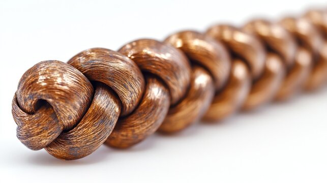 Braided copper wire on white background. Macro shot