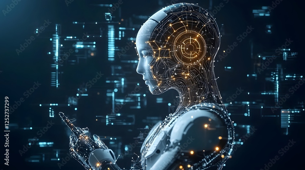 Poster futuristic engineering blueprint with glowing lines and neural network graphics abstract digital tec