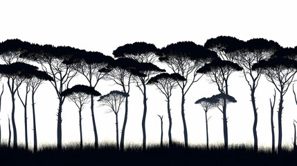 African savanna trees silhouette, seamless pattern, white background, nature design