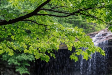 Rainfall on lush green leaves near a serene waterfall in a tranquil forest setting during spring season