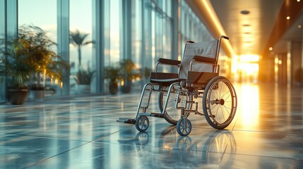 A solitary wheelchair positioned in a modern, sunlit hallway with tropical plants in the background