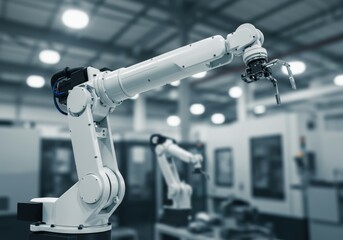 A modern robotic arm in action in a factory, with a blurred factory background, highlighting the advanced technology and precision of the automated process.


