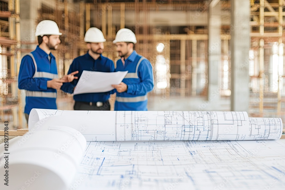Poster three construction workers in hard hats discuss blueprints on a job site, emphasizing teamwork and p