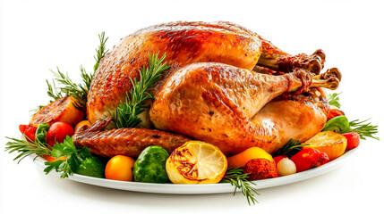 A whole roasted turkey on a platter with vegetables, isolated on a white background