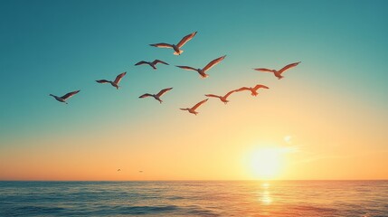 Fototapeta premium Gulls silhouetted against the dawn sky, soaring above the calm ocean waters in peaceful unison