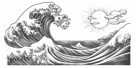 Ocean Wave Illustration: Sun, Clouds, and Sea