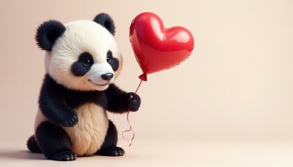 Cute panda bear holding a red and white striped heart balloon, valentine's day gift, cute panda