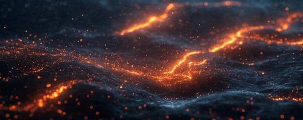Glowing embers flow across dark surface, cosmic background, VFX
