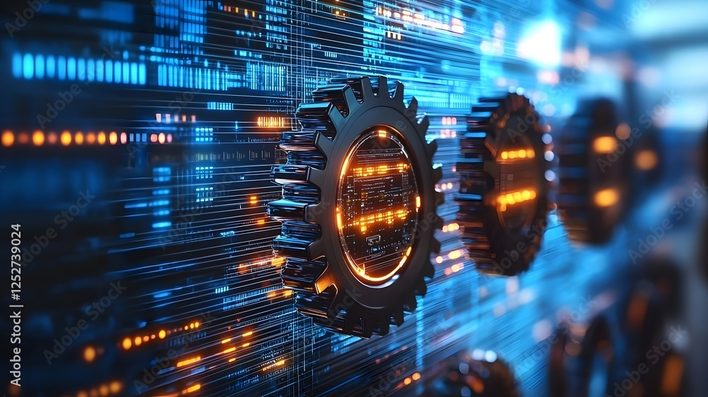 Poster glowing mechanical gears and machinery components powered by advanced ai driven engineering systems 