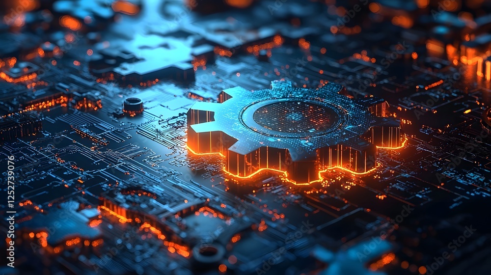 Poster glowing mechanical gears and cogs powered by futuristic intelligence technology illuminating a dynam