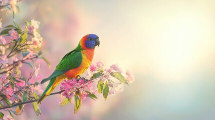 Fototapeta premium A rainbow lorikeet perched gracefully on a flowering branch with a soft pastel sky in the background.