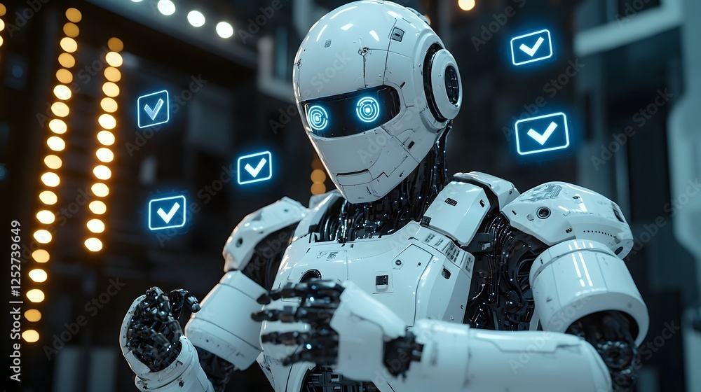 Poster a robot or figure surrounded by various digital error symbols and warning indicators suggesting a cr