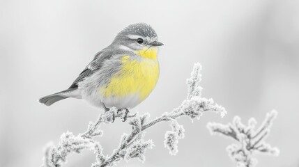 Fototapeta premium A small blue tit with bright yellow plumage perched on a branch covered in frost against a soft wintery background.
