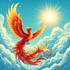 Vivid Phoenix Soaring Amidst Sunlit Clouds in a Magical Fantasy Art