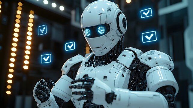 A robot or figure surrounded by various digital error symbols and warning indicators suggesting a critical system malfunction or breakdown in the advanced machinery or intelligent technology