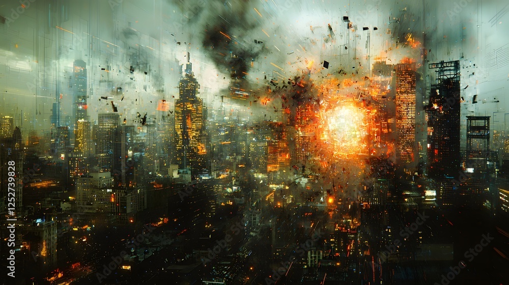 Poster explosive digital storm with fragmented data streams and glitching holographic displays enveloping a
