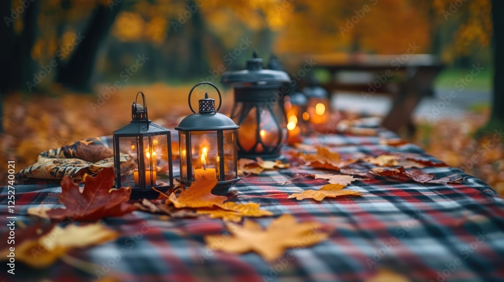 Poster a cozy autumn picnic table set with lanterns and a warm candle glow. the setting is in a park or for