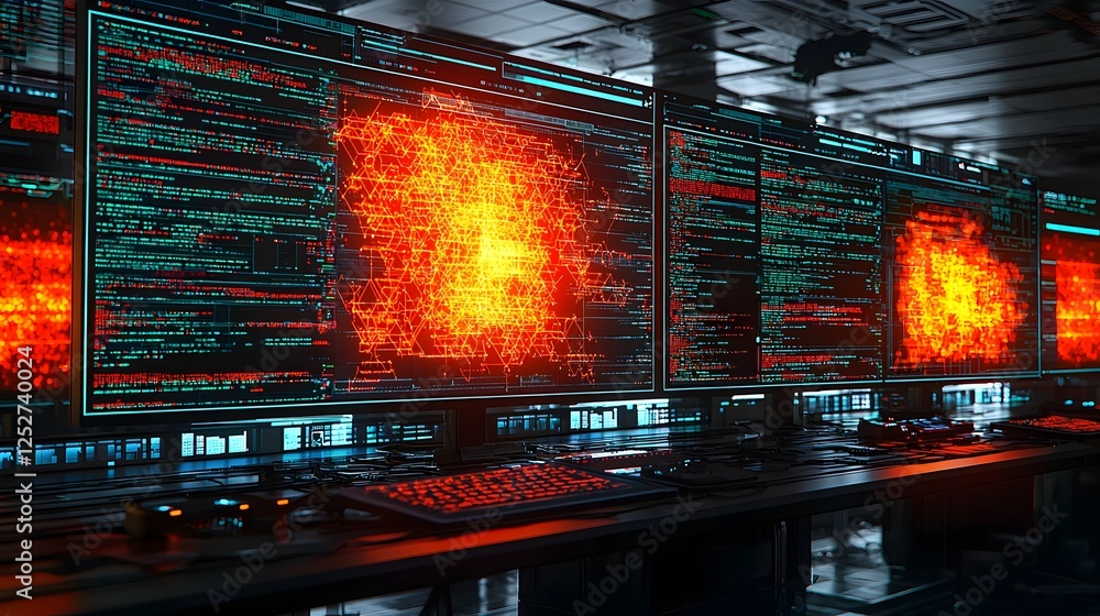 Poster glitching system shutdown with corrupted digital data and neural network visualizations abstract fut