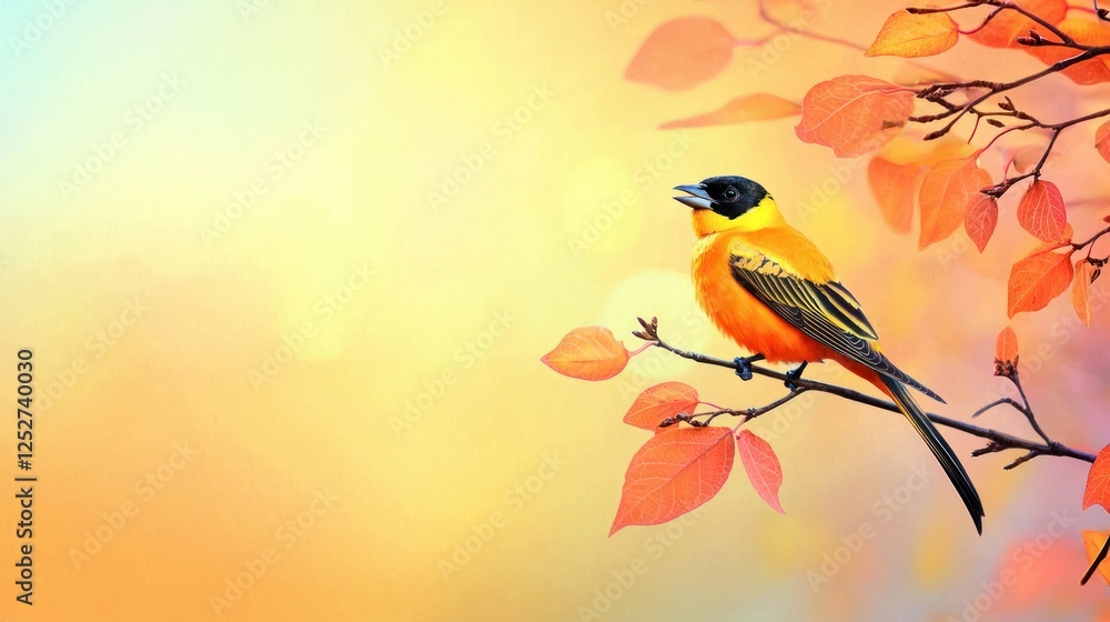 Poster a vividly colored oriole perched on a thin branch with cascading leaves and a gradient sky in the ba