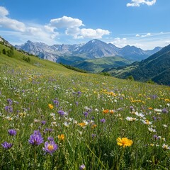 Fototapeta premium A tranquil mountain view with a clear blue sky and wildflowers in bloom 