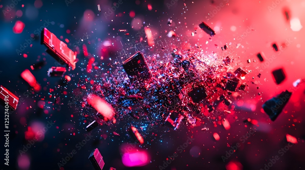 Poster fragmented digital realm in chaotic collapse with disintegrating grids and explosive data streams re