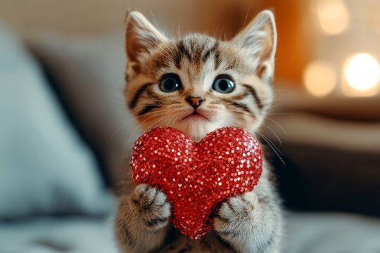Pixiebob - my preferred cat, symbol of care. Cute pixiebob baby cat with sparkling rhinestones red heart at cozy dwelling. Promotion critter concept art. Pet valentine&acirc;&euro;&trade;s moment.