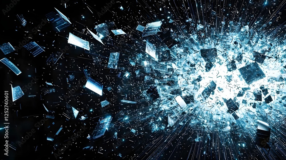 Poster a digital world collapsing into disarray with fragmented grids and chaotic data streams creating a s