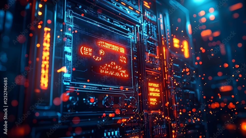 Poster close up view of a malfunctioning high tech digital interface or control panel displaying glowing er